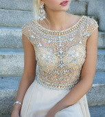Real Photo Nude Color Tulle Chiffon Fabric See Through Beading Handwork Long Prom Dress OL102363 - Shopy Max