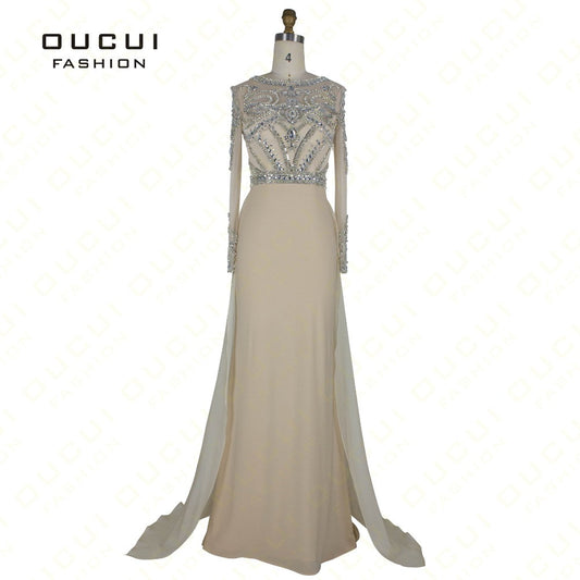 Real Photo Formal Long Sleeves Gown See Through Back Beading Handwork - Shopy Max