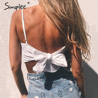 Simplee Belt lace up camisole tank top tees women Summer beach bow female cami crop - Shopy Max