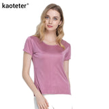 100% Pure Silk Women's T-Shirts Femme Tops Tees Shirt Women Casual Solid Candy Color