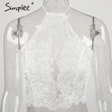 Simplee Elegant white lace crop top Summer beach backless short halter tops - Shopy Max