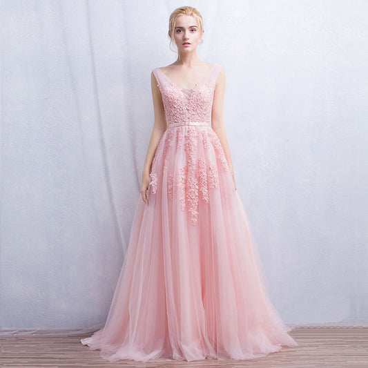Vestido de festa New Coming Robe De Soiree V Neck with Lace Appliques Long Tulle Party