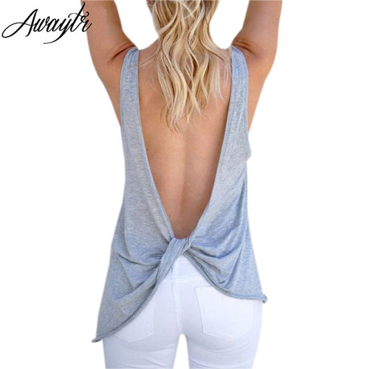 Awaytr Women's Tops Fashion Backless Sleeveless Shirt Sexy Ladies Female Back Cross - Shopy Max