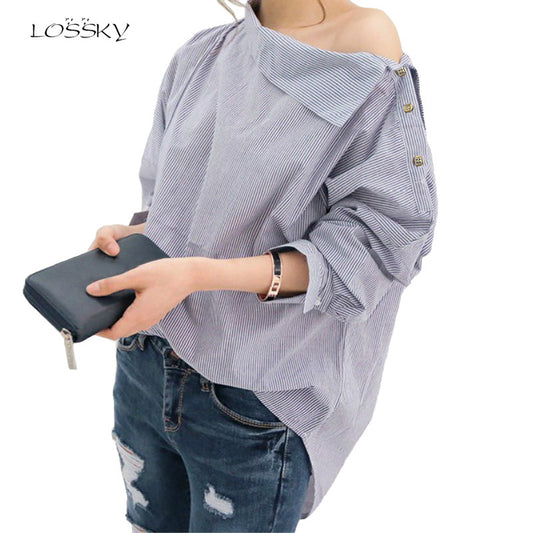 Autumn Women's Striped Sexy Oblique Strapless Loose Long-sleeved Collar Hedging Bat Sleeve - Shopy Max