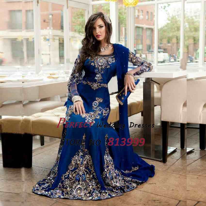 2016 Stunning Royal Blue Beaded Muslim Evening Dress Long Sleeves Moroccan Kaftan