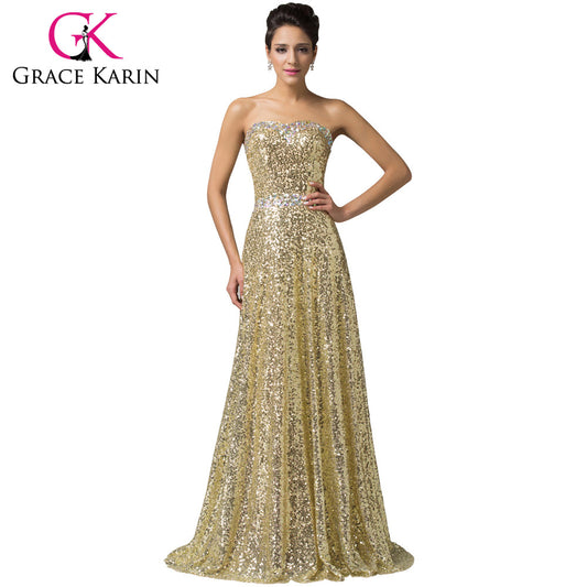 Evening Dress Long Grace Karin Women Stunning Gold Golden Evening Gowns - Shopy Max
