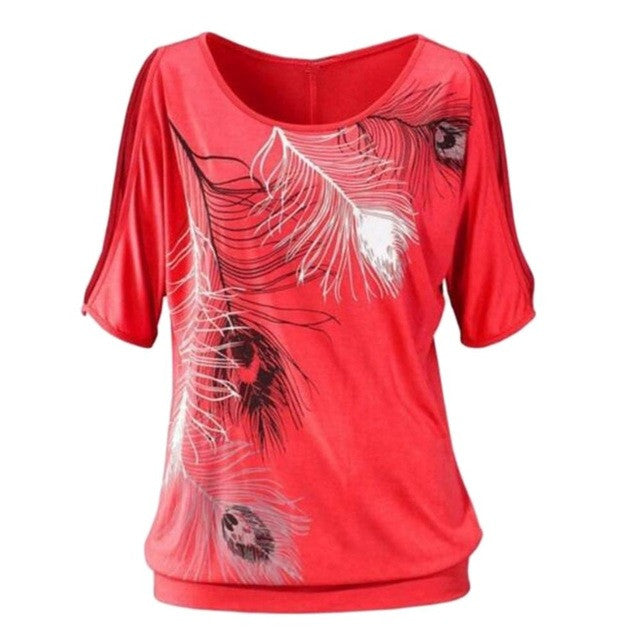 2017 Women Summer T shirt Casual Tops Short Sleeve T-shirt Feather Printed Off Shoulder