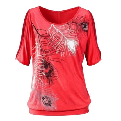 2017 Women Summer T shirt Casual Tops Short Sleeve T-shirt Feather Printed Off Shoulder