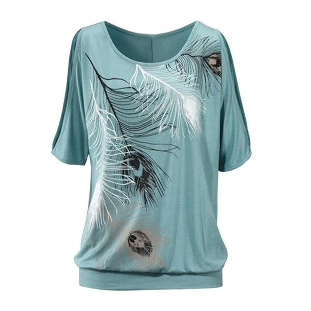 2017 Women Summer T shirt Casual Tops Short Sleeve T-shirt Feather Printed Off Shoulder
