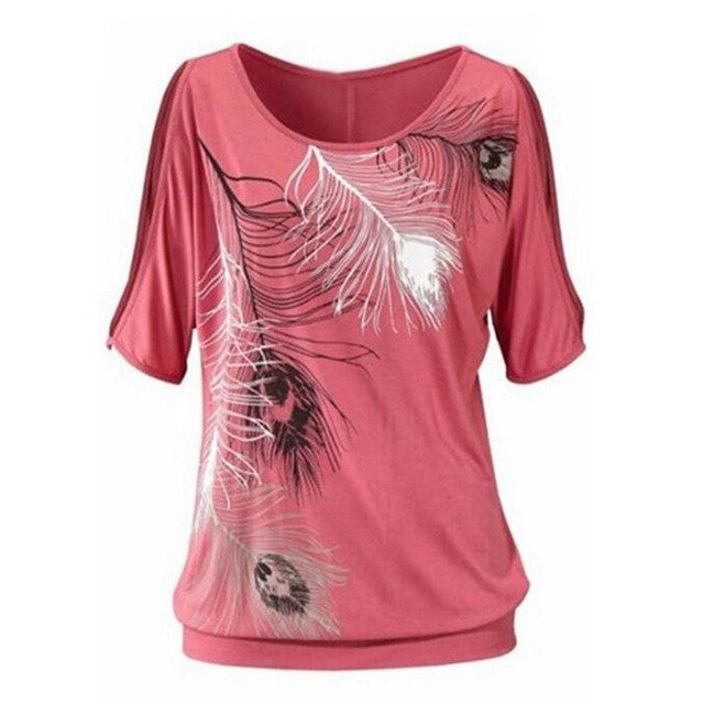2017 Women Summer T shirt Casual Tops Short Sleeve T-shirt Feather Printed Off Shoulder