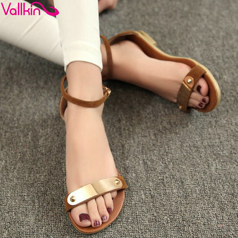 VALLKIN Fashion Genuine Leather Women's Sandals Shoes Summer Flats Sandals Peep - Shopy Max