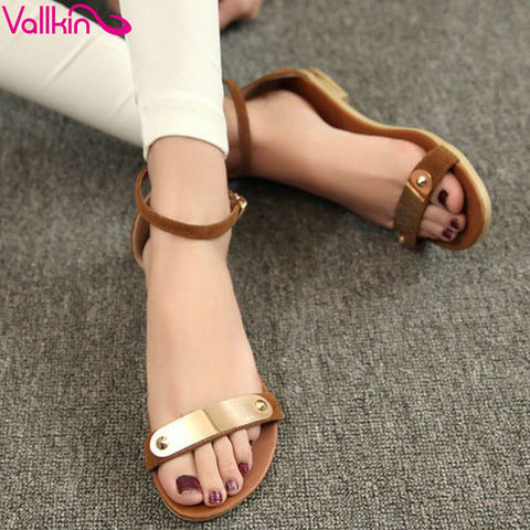 VALLKIN Fashion Genuine Leather Women's Sandals Shoes Summer Flats Sandals Peep