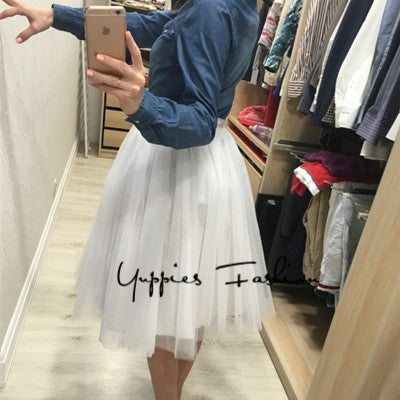 Quality 5 Layers 65cm Summer Midi Tulle Skirt Fashion Pleated TUTU Skirts Womens - Shopy Max