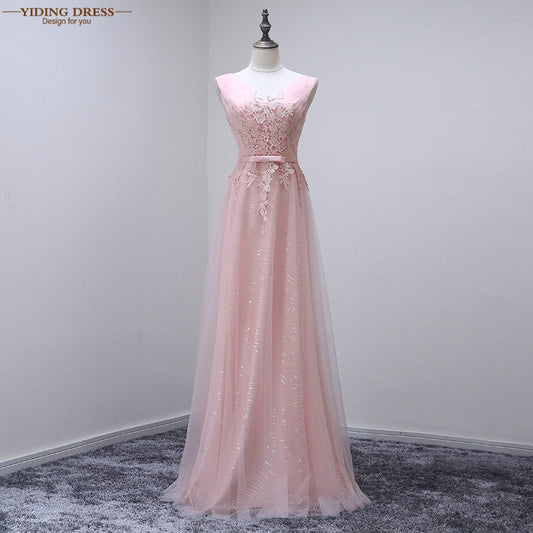 Pink&Gray Sequined Lace Evening Dress Tulle Backless Long Evening Dress 2016 Party Robe De Soiree New Arrive - Shopy Max