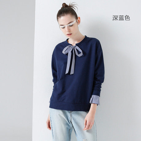 Toyouth T-Shirts 2017 Spring Women Stripe Patchwork Bowknot Vintage Casual Long Sleeve Fake - Shopy Max