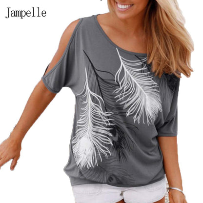 2017 Women Summer T shirt Casual Tops Short Sleeve T-shirt Feather Printed Off Shoulder
