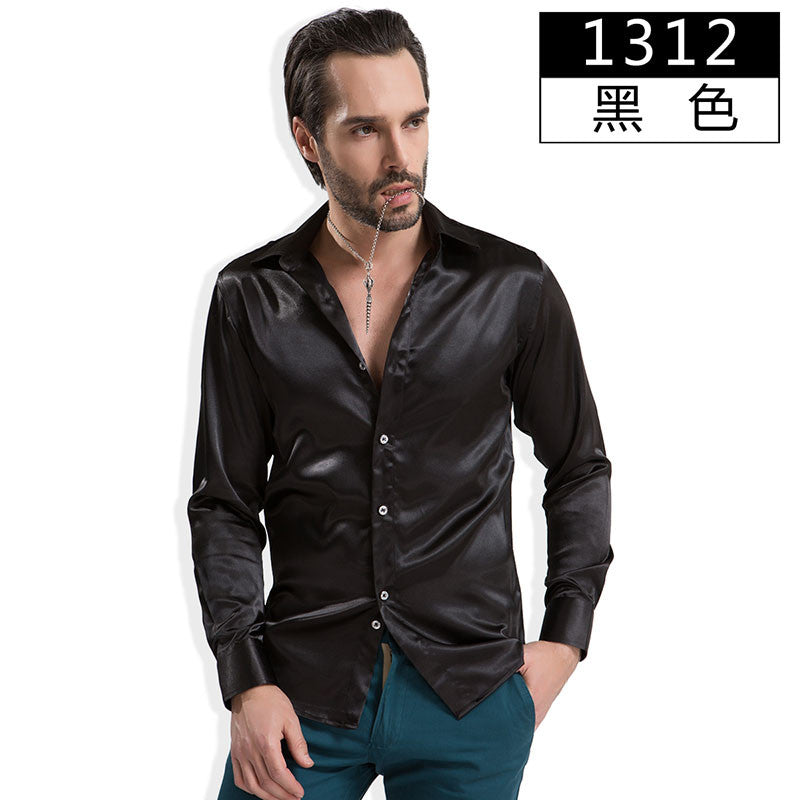 2016 Fashion Shiny Silky Satin Dress Shirt Luxury Silk Like Long Sleeve