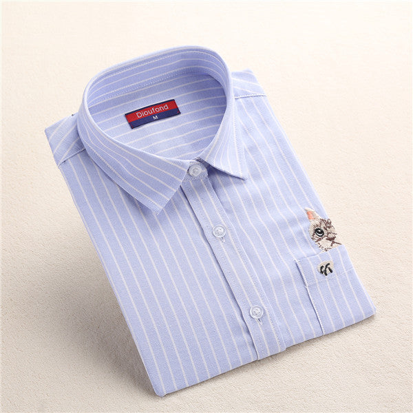 Dioufond Cat Embroidery Long Sleeve Women Blouses And Shirts White Blue Female Ladies