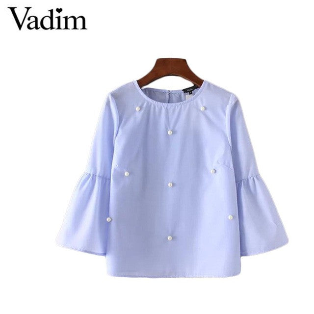 Women elegant pearls beading flare sleeve shirt O neck blouse three quarter sleeve summer brand