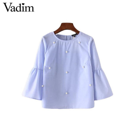 Women elegant pearls beading flare sleeve shirt O neck blouse three quarter sleeve summer brand