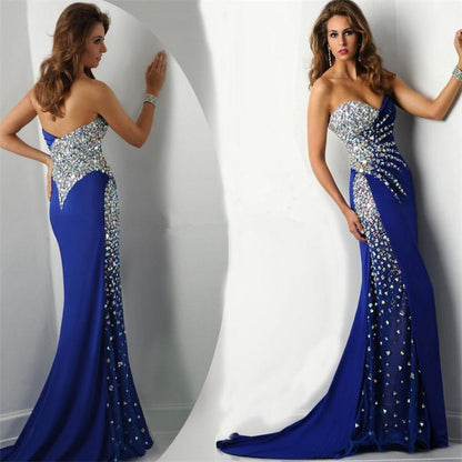Abendkleider Sweetheart Mermaid Crystal Royal Blue Chiffon Long Evening Dresses