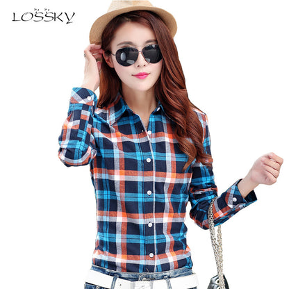 2017 Women Cotton Long-Sleeve Plaid Shirt Female Slim Outerwear Plus Size Autumn Blouse