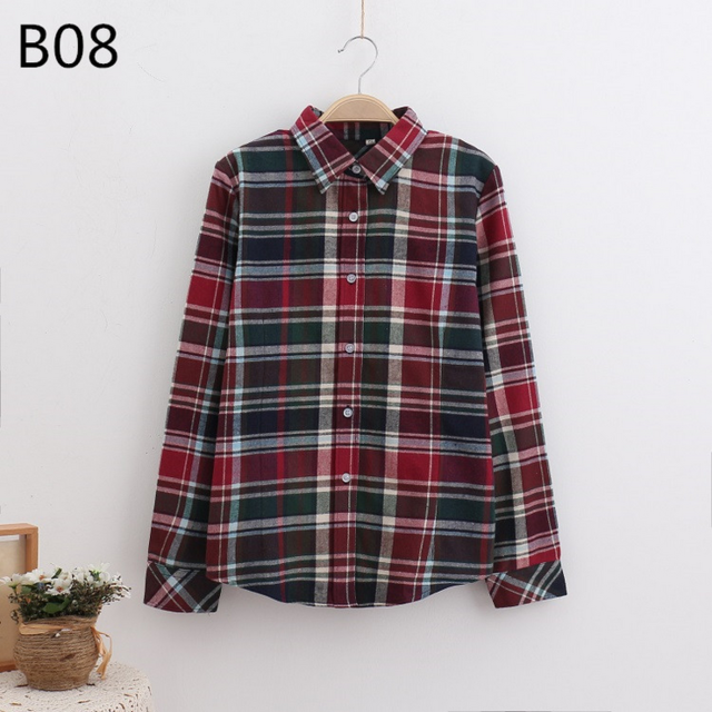2017 Women Cotton Long-Sleeve Plaid Shirt Female Slim Outerwear Plus Size Autumn Blouse