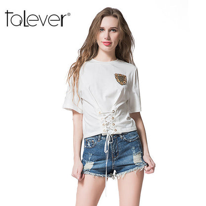 Talever 2017 Summer Fashion Female T-shirt White O-Neck Short Sleeve Tops - Shopy Max