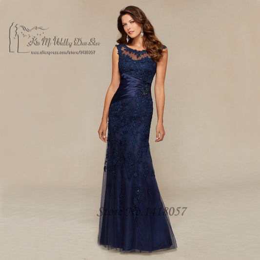 Navy Blue Mermaid Evening Dress Lace Beaded Long Mother of the Bride Dresses