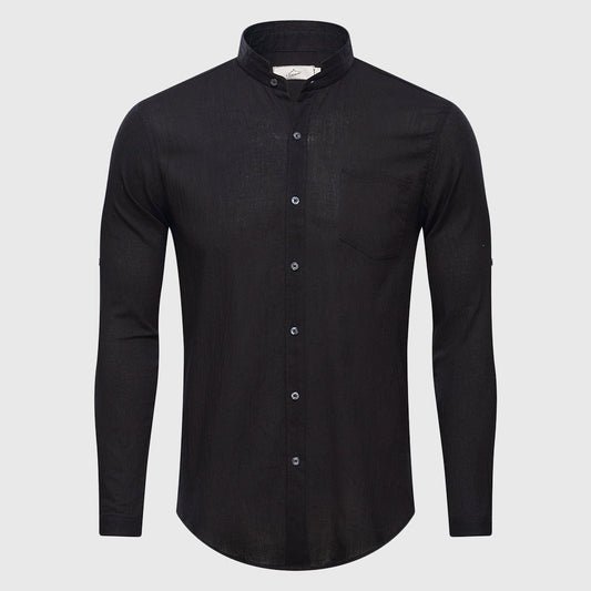 Ultrathin See Through Shirts Men Summer Solid Plain Mandarin Chinese Half Collar Cotton Long Sleeve
