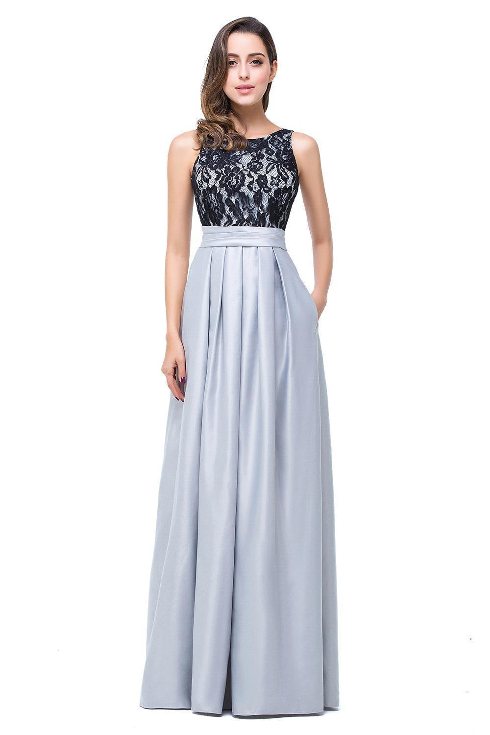 Satin Black Lace Gray Champagne Long Evening Dresses 2016 Robe Soiree Longue - Shopy Max
