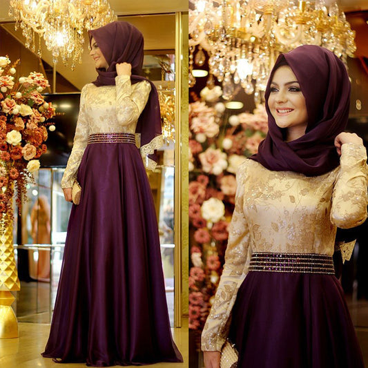 Long Sleeve Muslim Prom Dress Bow Purple Lace Dubai Moroccan Kaftan Hijab Evening Dresses SA712