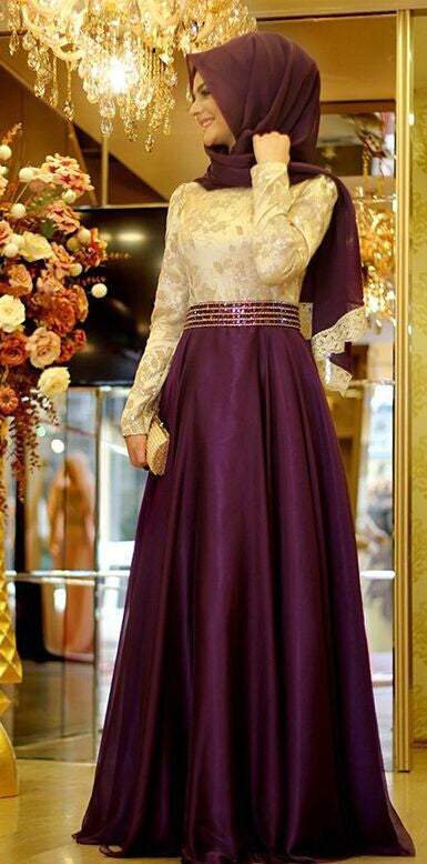 Long Sleeve Muslim Prom Dress Bow Purple Lace Dubai Moroccan Kaftan Hijab Evening Dresses SA712