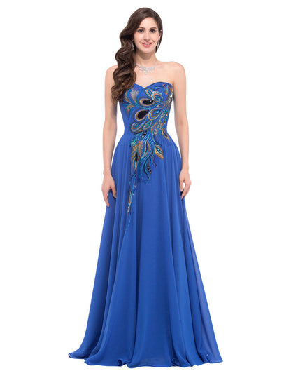 Elegant 2016 Grace Karin Blue Peacock Evening Dress Appliques Formal Women Evening