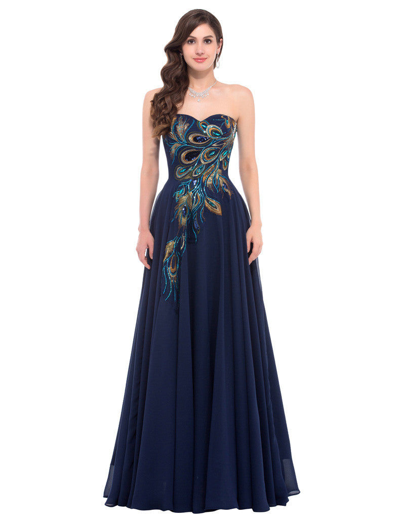 Elegant 2016 Grace Karin Blue Peacock Evening Dress Appliques Formal Women Evening