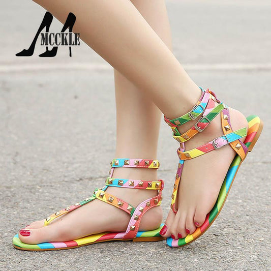New Brand Gladiator Sandals Women Shoes Flats Multicolor Rivets Sandals Buckle Sandals 2016