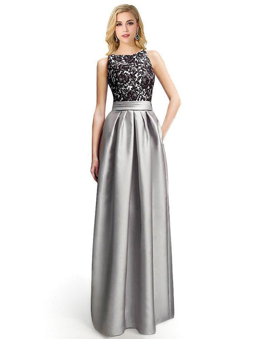 Satin Black Lace Gray Champagne Long Evening Dresses 2016 Robe Soiree Longue - Shopy Max
