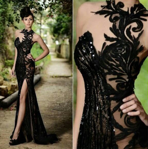 Elegant Beaded Stunning Black Lace Evening Dresses Mermaid Sexy Split