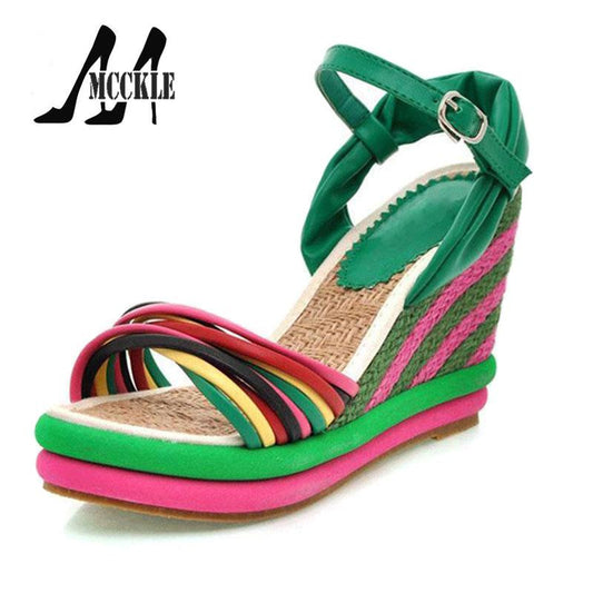 New Bohemia Rainbow Peep Toe Platform Wedges Sandals Women 2016 Summer Women