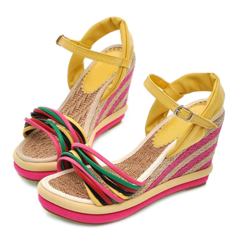 New Bohemia Rainbow Peep Toe Platform Wedges Sandals Women 2016 Summer Women
