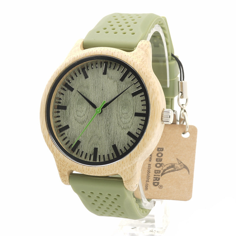 Bamboo Wooden Watch Wood Dial Soft Silicone Green Band Quartz Watches for Men Women Bob - Shopy Max