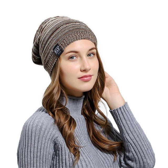 Wrinkle Winter Warm Hood knitted Wool Beanies Cap Women Men Outdoor Baggy Patchwork Crochet Ski