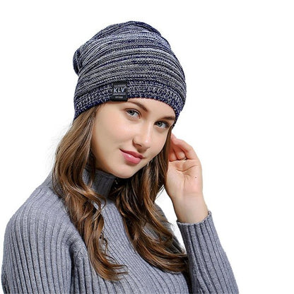 Wrinkle Winter Warm Hood knitted Wool Beanies Cap Women Men Outdoor Baggy Patchwork Crochet Ski