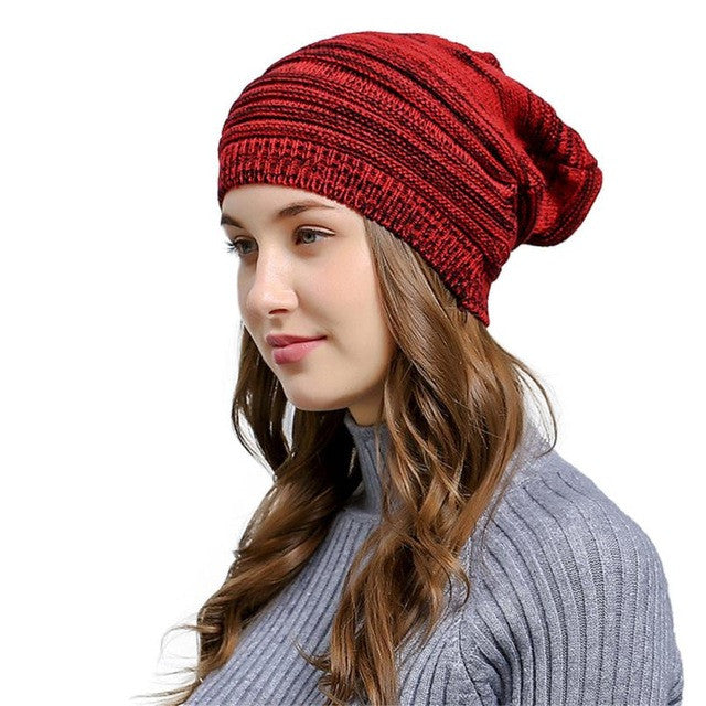 Wrinkle Winter Warm Hood knitted Wool Beanies Cap Women Men Outdoor Baggy Patchwork Crochet Ski