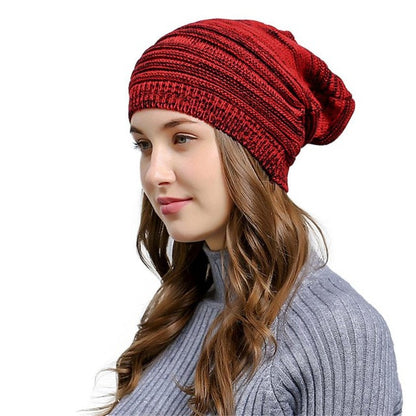 Wrinkle Winter Warm Hood knitted Wool Beanies Cap Women Men Outdoor Baggy Patchwork Crochet Ski