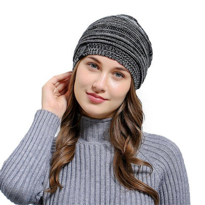 Wrinkle Winter Warm Hood knitted Wool Beanies Cap Women Men Outdoor Baggy Patchwork Crochet Ski