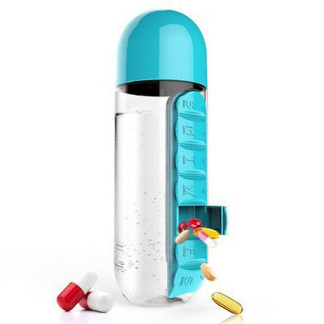 1pc Multi-Function 600ml Bottle With Built-in Daily 7 Daily Pill Box Vitamin Organizer