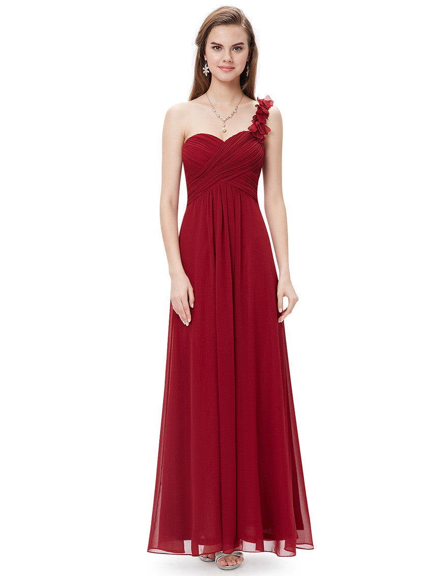 Evening Dresses Flowers One Shoulder Long Chiffon Padded Masala Red Women - Shopy Max