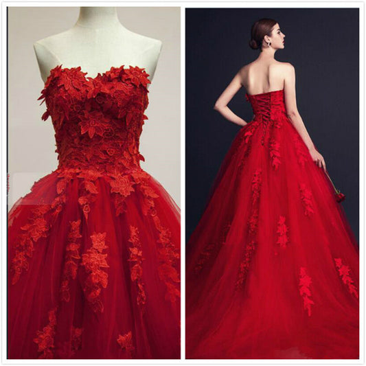 Vestido 3D- Applique Red Evening Dresses A Line Sweetheart Lace Tulle Lace Up