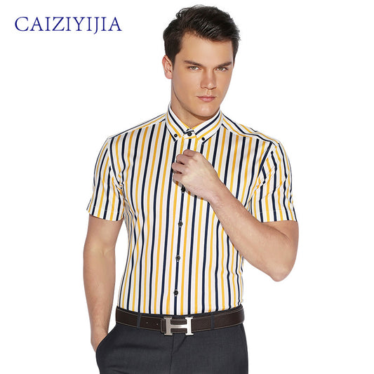 CAIZIYIJIA Summer 2016 Mens Vertical Stripe Short Sleeve Dress Shirts Lightweight